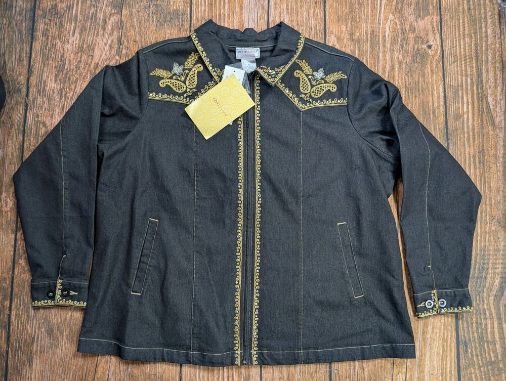 NOS Victor Costa Occasion Denim Jacket Women 1X Black Gold Sequin Embroidered